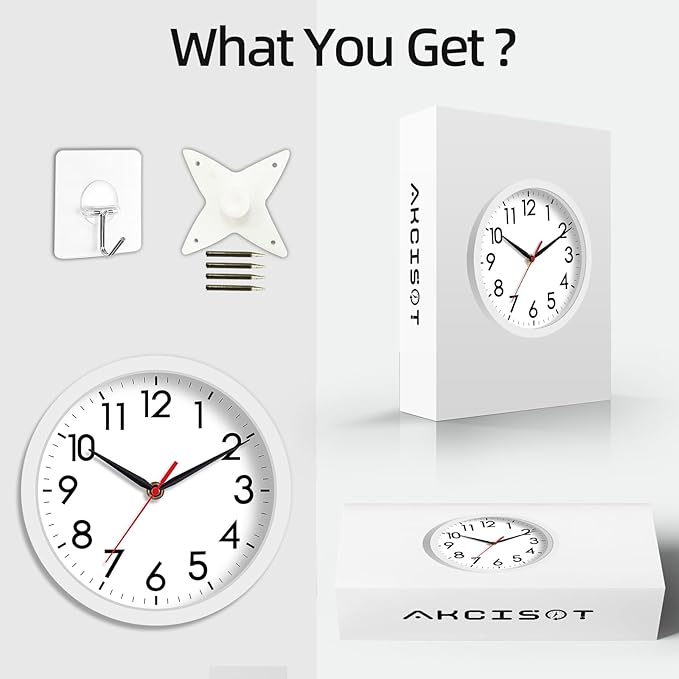 AKCISOT Wall Clock, Modern Small Wall Clocks Battery Operated 8 Inch, Silent Non-Ticking Analog Classic for Office, Home, Bathroom, Kitchen, Bedroom, School(White)