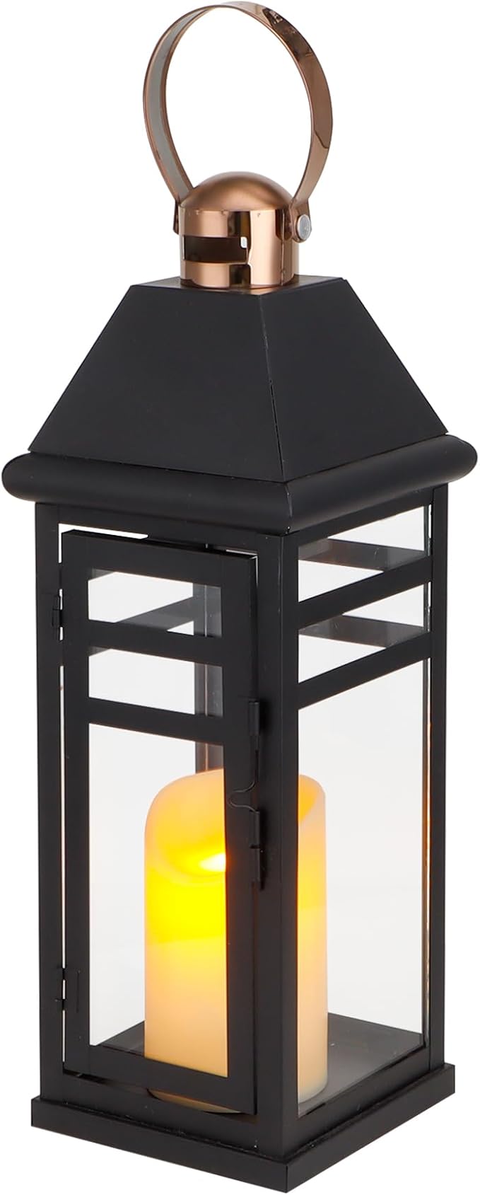 TRIROCKS Decorative Vintage Candle Lanterns 15.5" H Farmhouse Outdoor Hanging Lanterns with Tempered Glass for Porch, Balcony, Patio, Home, Centerpieces, Indoor, Outdoor(Black with Gold top)
