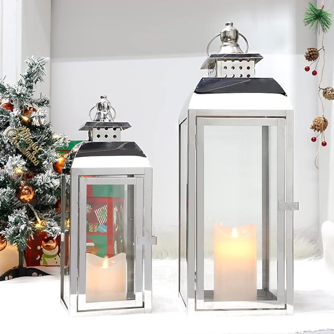 JHY DESIGN Set of 2 Stainless Steel Decorative Candle Lanterns 20.5"&15" High Metal Candle Lanterns for Indoor Outdoor Events Parities Weddings Vintage Style Hanging Lantern