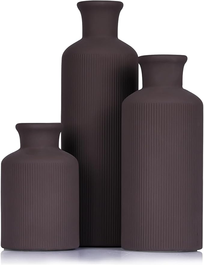Brown Ceramic Vase Set of 3 – Small Flower Vases, Modern Farmhouse Boho Flower Vases for Home Decor, Rustic Pottery Vases for Centerpieces, Living Room, Shelf, Fireplace, Entryway Decor, Table
