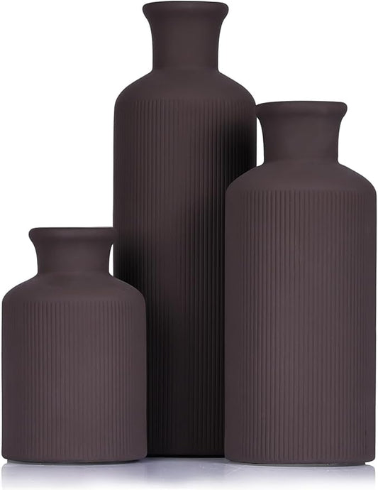 Brown Ceramic Vase Set of 3 – Small Flower Vases, Modern Farmhouse Boho Flower Vases for Home Decor, Rustic Pottery Vases for Centerpieces, Living Room, Shelf, Fireplace, Entryway Decor, Table