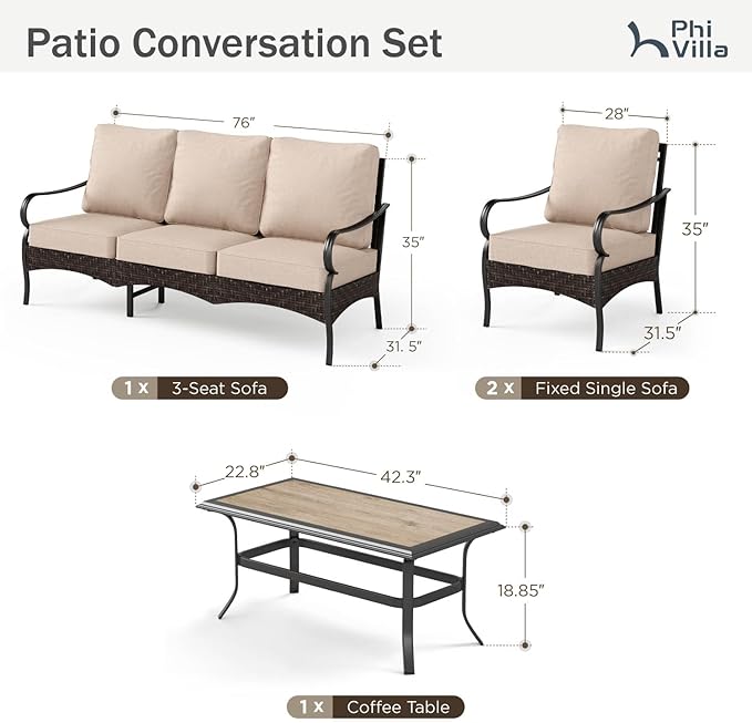 PHI VILLA Outdoor Modern Patio Furniture Set, Upgraded Wicker&Metal Patio Furniture Conversation Set with Waterproof Thick Cushions for Porch, Poolside, Deck, and Yard (4 Pieces,Beige)