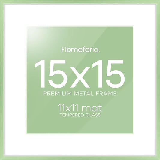 Homeforia 15x15 Picture Frame Sage Green, High End Metal 15 x 15 Square Poster Frames with Mat 11 x 11 Photo, 15x15 Frame Matted to 11x11 Art, 15by15 Hanging Frames, Tempered Glass, Wall Kit, Set of 1