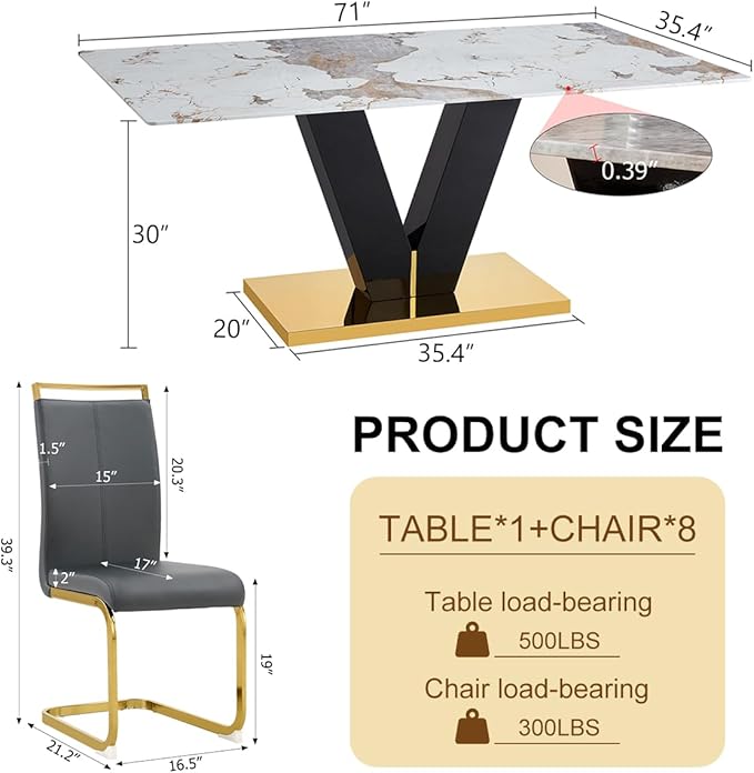 71'' Dining Table Set for 8,Marble Dining Table Set,Modern Kitchen Table with 8 PU Leather Chairs,Gold Dining Room Table Set with V-Shaped Black Glossy Pillars,Ideal for Kitchen Dining Room