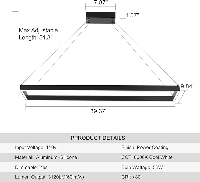 Modern Led Chandelier Linear Rectangle Chandelier Modern Led Pendant Light Kitchen Island Lighting Fixture 6000K Dimmable 39.4” Contemporary Hanging Light for Dining Room Living Room Black