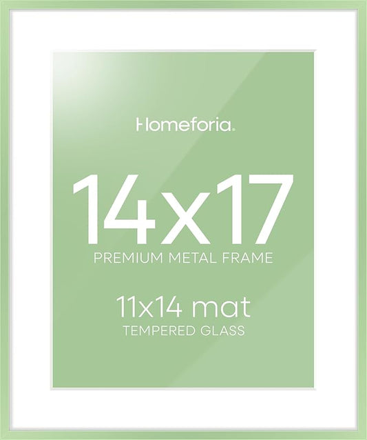 Homeforia 14x17 Picture Frame Sage Green, High End Metal 14x17 Poster Frames with Mat 11x14 inch Photo, 14 x 17 Sage Green Frame Matted to 11 by 14 Art, 17x14 Frame, Tempered Glass, Wall Kit, Set of 1