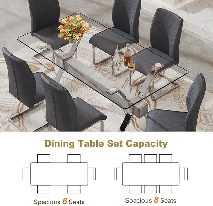 71'' Glass Dining Table Set for 6,7 Piece Dining Table Set with Tempered Glass Tabletop and Open‑Frame X‑Shaped Metal Base,Kitchen Table and Chairs Ideal for Dining Room&Home Office