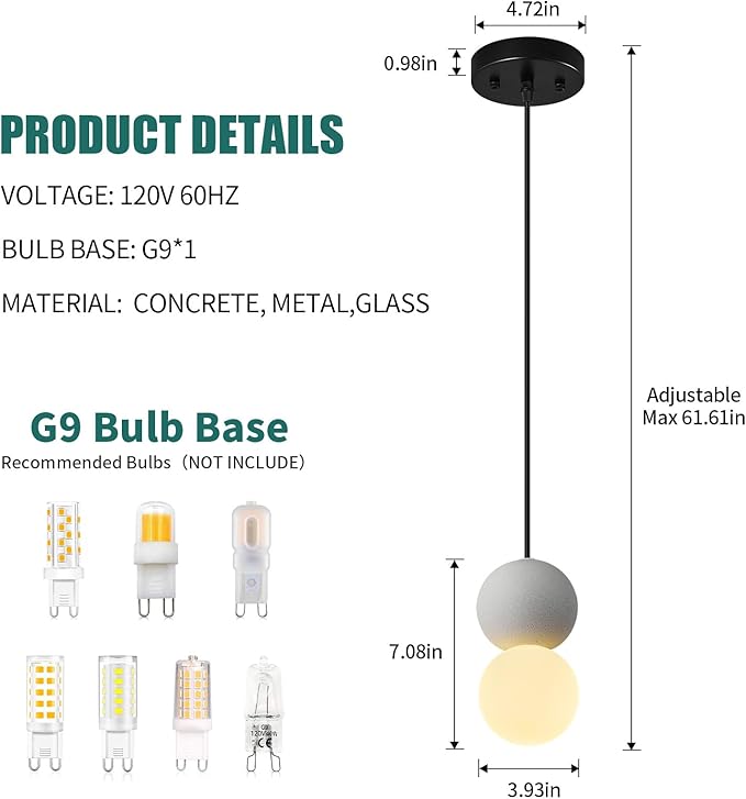 Modern 1-Light Concrete Pendant Light Kitchen Islandceiling Light Fixture White Glass Globe Ball Pendant Lighting for Dining Room Coffee Club Resturant Bar Living Room(2-Pack)