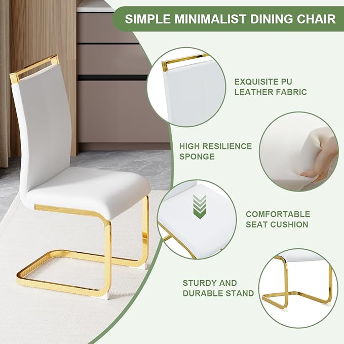 63” Dining Room Table Set for 6,Modern Gold Dining Table Set for 6, Rectangle Kitchen Table Set with Leather Chairs,White Faux Marble Dinner Table Set with Tempered Glass Top and Golden Base