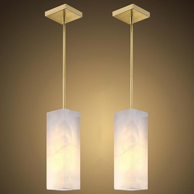 Natural Alabaster Square Marble Hanging Kitchen Island Modern Industrial Farmhouse Pendant Ceiling Light Fixture,2 Pack Gold Finish Over Sink Restaurant bar Corridor