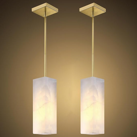 Natural Alabaster Square Marble Hanging Kitchen Island Modern Industrial Farmhouse Pendant Ceiling Light Fixture,2 Pack Gold Finish Over Sink Restaurant bar Corridor