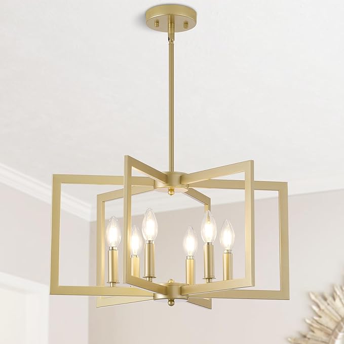 Dining Room Light Fixture, 6-Light Gold Chandelier Modern Metal Industrial Chandelier Lighting for Farmhouse Living Room Kitchen Entryway (Gold, E12 Bulbs Not Included)