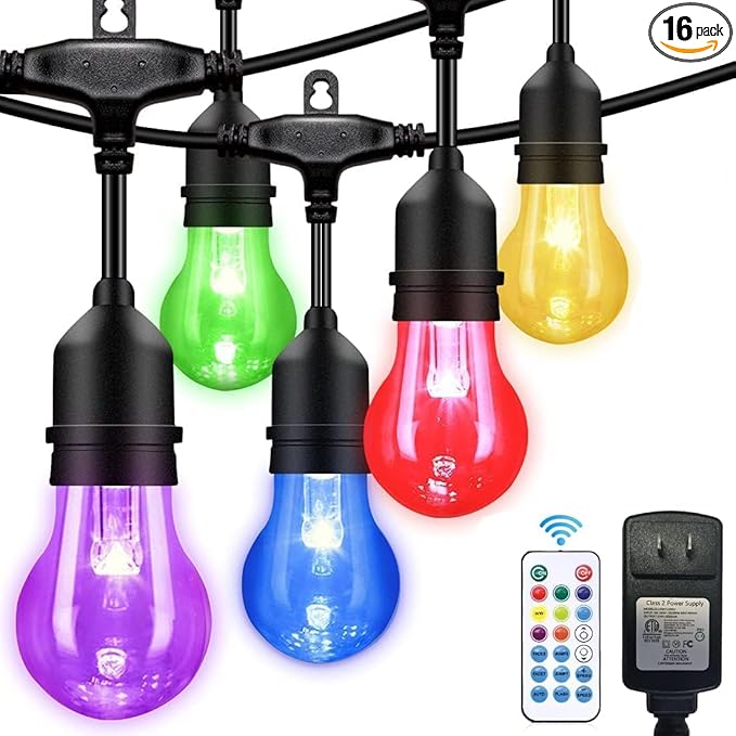 35FT Outdoor String Lights, 16 Shatterproof Edison Bulbs, Dimmable RGB Color Changing Patio Lights with Remote. Solar-Powered & Waterproof for Garden Commercial LED Decorative Lighting.