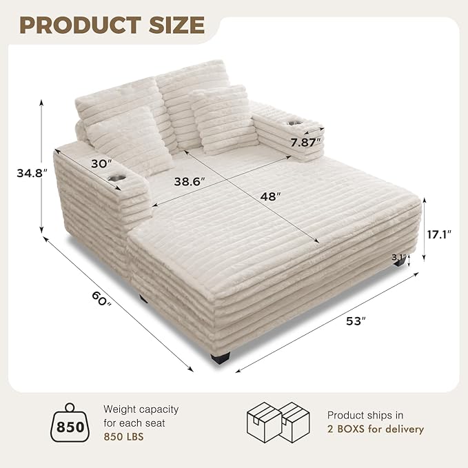 HUSFU 60'' Oversized Chaise Lounge Chair, Upholstered Sofa Bed, Sleeper Couch Reading Chairs with USB Port and Cup Holders,Comfy Cloud Sofas Couches for Living Room,Beige