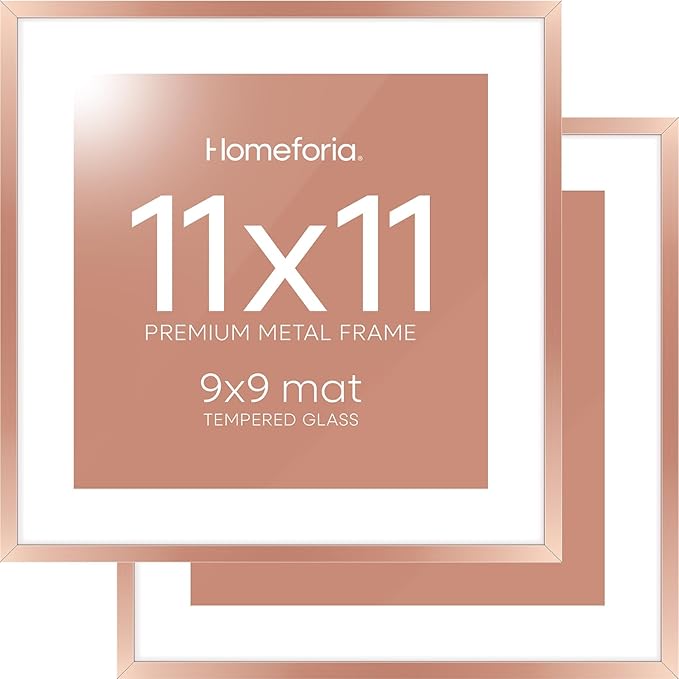 Homeforia 11x11 Rose Gold Picture Frame, High End Metal 11 by 11 Square Frames with Mat 9 x 9 Photo, 11by11 Poster Frame Matted to 9x9 inch Art, Wall Hanging Frames, Tempered Glass, Wall Kit, Set of 2
