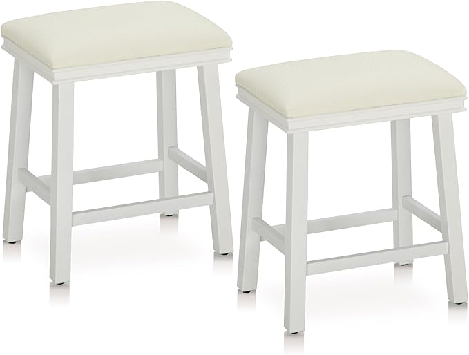 MAISON ARTS White Counter Height 24 inch Bar Stools Set of 2 for Kitchen Counter Solid Wood Legs with Faux Leather Padded Seat Farmhouse Barstools for 34"-38" Counter Island Upholstered Stools