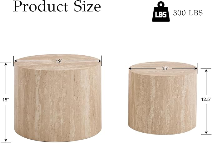 EALSON Nesting Coffee Table Set of 2 Modern Round Wood Coffee Table Circle Fluted End Tables Accent Tables for Small Space/Living Room/Bedroom, Travertine