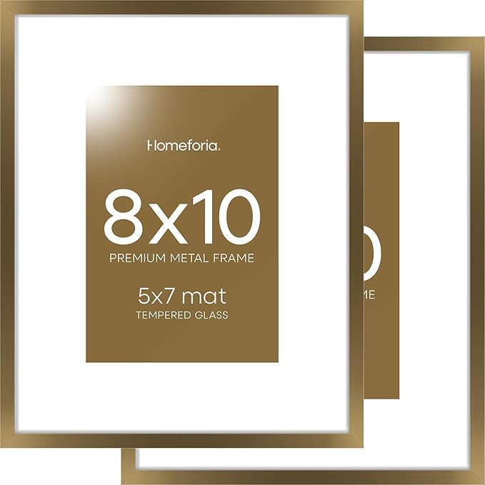 Homeforia Bronze Picture Frames 8x10, High End Metal 8 x 10 Photo Frame with Mat 5 x 7 Art, 10x8 Brass Frame Matted to 5x7 inch Print, 8by10 Wall or Tabletop Frames, Tempered Glass, Wall Kit, Set of 2