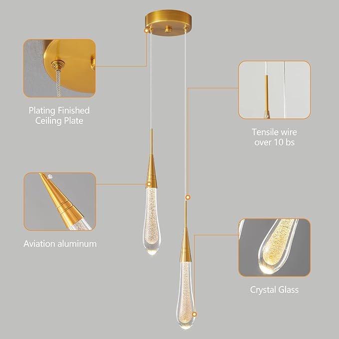 LMQNINE Pendant Lights Kitchen Light Fixtures Dimmable LED Modern Gold Pendant Light Mini Teardrop Crystal Pendant Lighting for Kitchen Island Bedroom Hallway Entryway (2-Light)