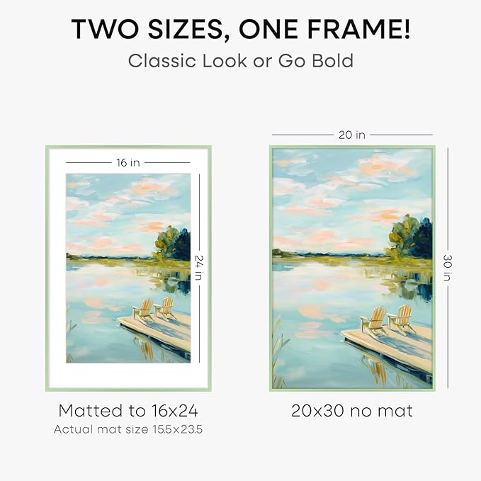 Homeforia 20x30 Frame Sage Green, High End Metal 20x30 Picture Frames with Mat 16x24 inch Photo, 20 x 30 Sage Green Poster Frame Matted to 16 by 24 Art, 30x20 Frame, Tempered Glass, Wall Kit, Set of 1
