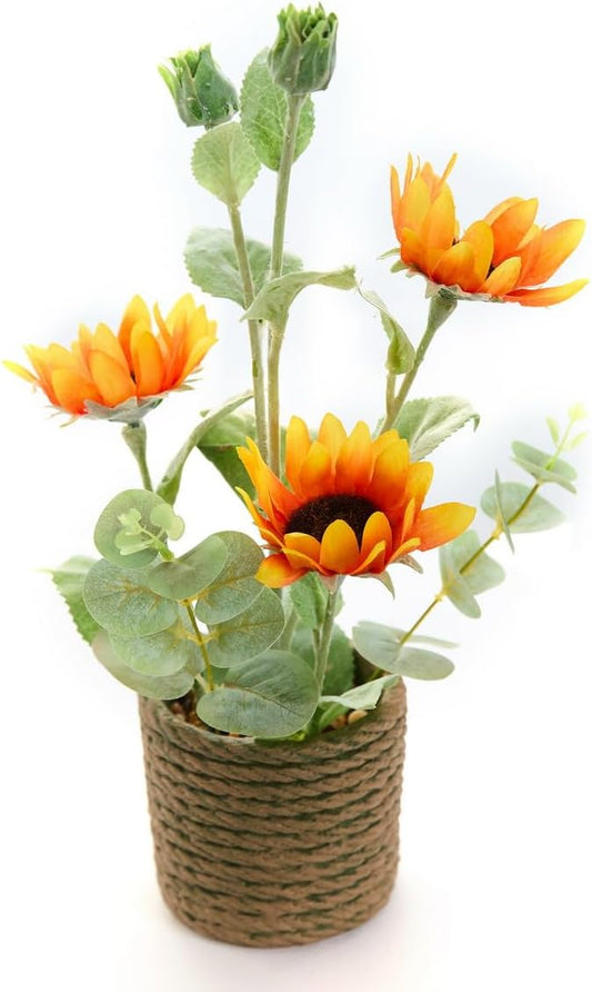 AlphaAcc 13.5 Inches Artificial Plant Sunflower Arrangement Realistic Orange Silk Fake Plants with Eucalyptus Stems in Rustic Rope-Striped Cement Planter Faux Potted Flowers for Home Décor Indoor