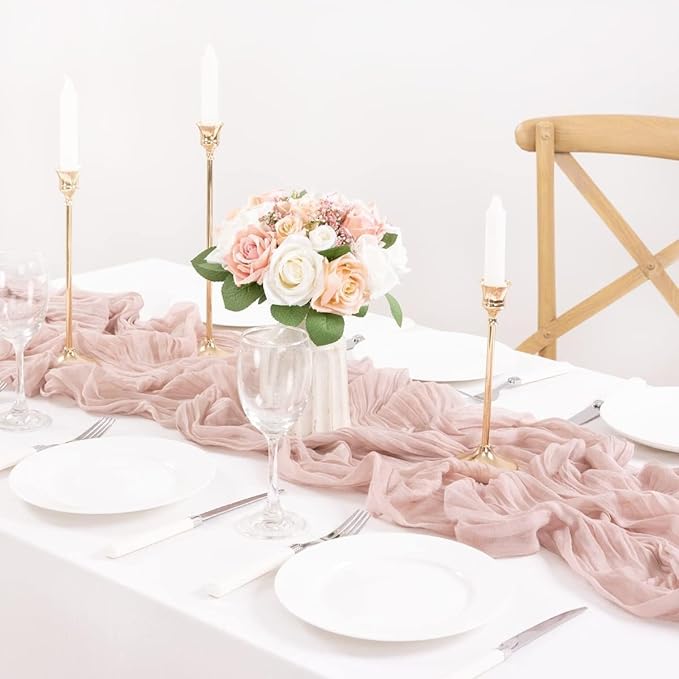 MLMC Pink Table Runner Boho Cheesecloth Table Runner 10ft Rustic Dusty Pink Gauze Cheese Cloth Centerpiece Decor 35x120 Inches for Wedding Bridal Baby Shower Birthday Party Decor