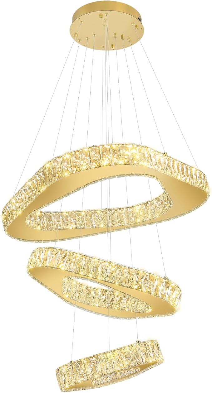 Modern Led Gold Chandelier Adjustable 3 Rings Crystal Chandelier for Living Room Foyer Stairwell Lighting High Ceiling Light Dimmable 2700K-6000K