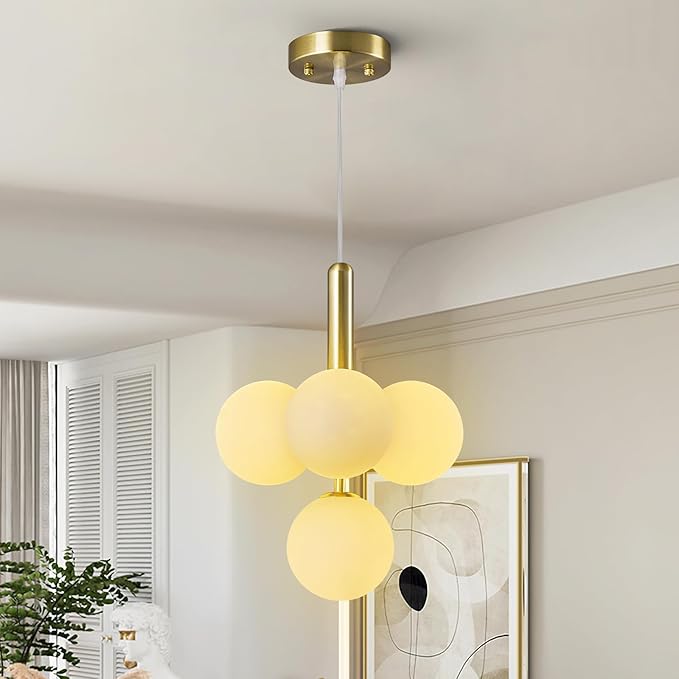 4 Light Globe Chandelier Mid Century Pendant Light with Milky White Glass Shade Modern Gold Sputnik Chandeliers for Dining Room Living Room Bedroom Kitchen Island
