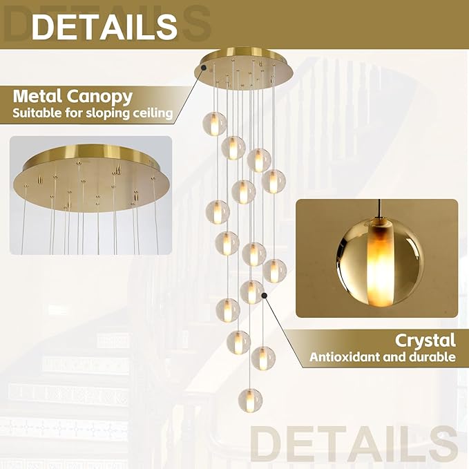 Gold 14 Lights Bubble Staircase Chandelier for High Ceiling, Dimmable Modern Crystal Raindrop Large Long Hanging Pendant Light for Stairwell Living Room Stair Foyer, Bulbs Included