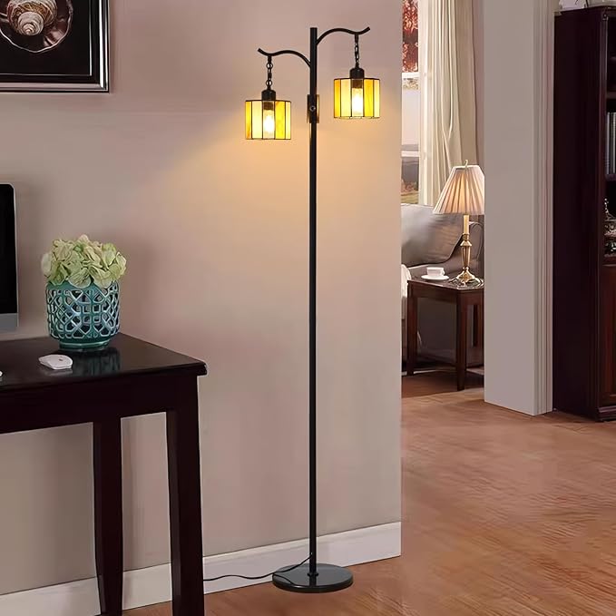 Vintage Dimmable Floor Lamp, Tiffany Standing Lamp with 2 Stained Glass Shades, Rustic Farmhouse Floor Lamp with Black Finish for Living Room Bedroom