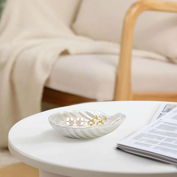 Ring Dish, Shell Ceramic Jewelry Dish Tray, Small Decorative Trinket Dish for Rings Earrings Necklaces Keys, Cute Room Decor Tray, 3.9", White