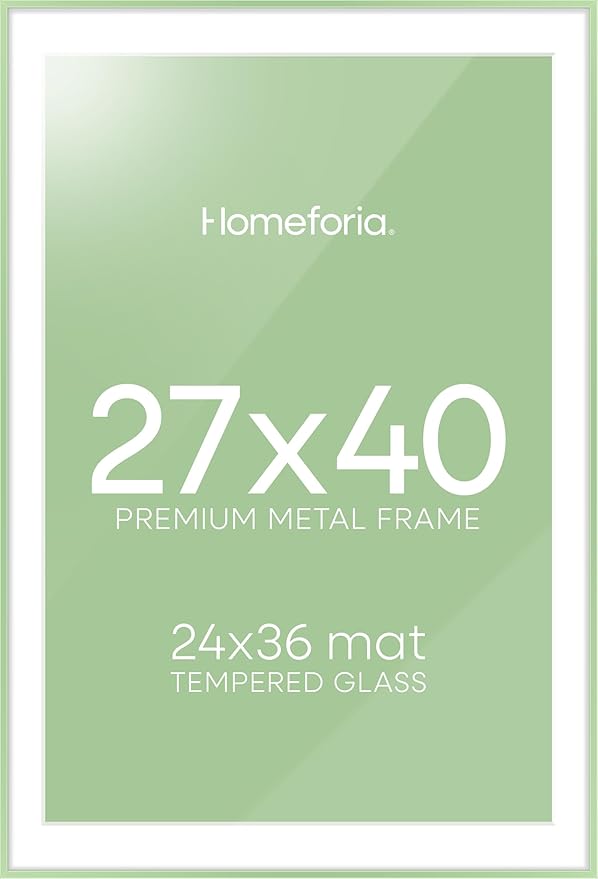Homeforia 27x40 Poster Frame Sage Green, High End Metal 27x40 Large Picture Frames with Mat 24x36 inch Photo, 27 x 40 Thin Frame Matted to 24 x 36 Art, 40x27 Frames, Tempered Glass, Wall Kit, Set of 1