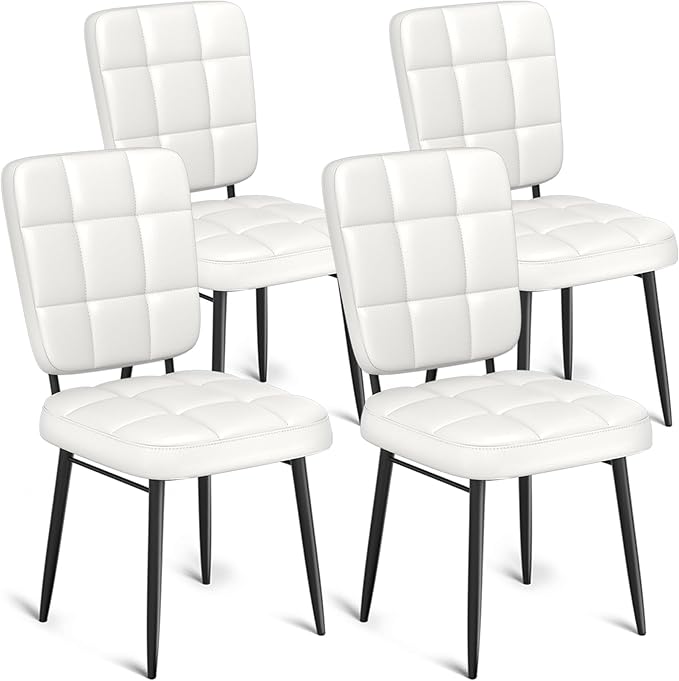 Dining Chairs Set of 4, Leather Upholstered Dining Room Chairs Kitchen Chairs with Thick Cushion, High Backrest, Metal Legs, Modern Side Chair for Home Living Room Cafe Restaurant, White