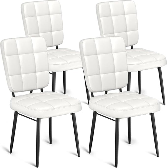 Dining Chairs Set of 4, Leather Upholstered Dining Room Chairs Kitchen Chairs with Thick Cushion, High Backrest, Metal Legs, Modern Side Chair for Home Living Room Cafe Restaurant, White
