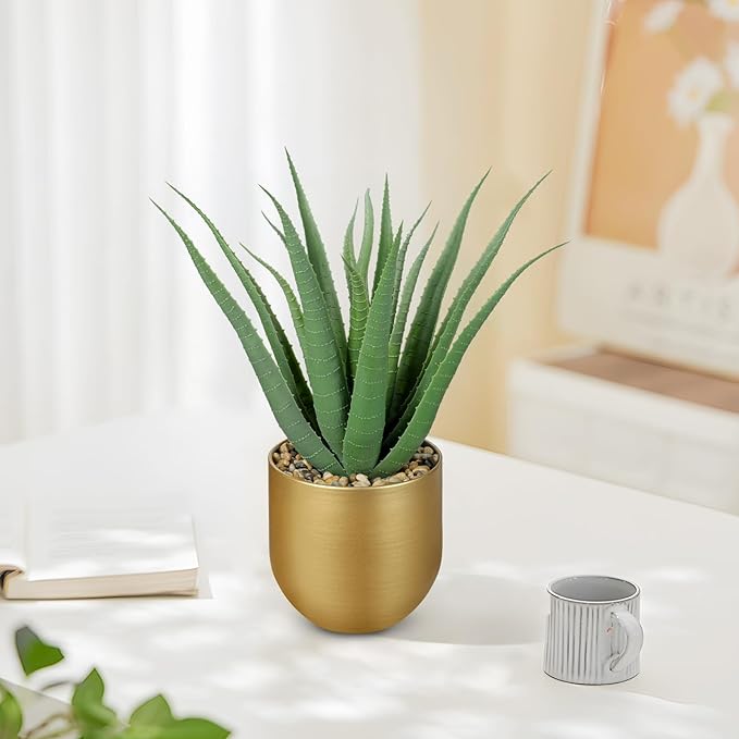Briful Succulents Artificial Plants Realistic Agave Plant, 4.7'' Gold Metal Pot, Farmhouse Aloe Vera Fake Plants for Home Office Desk Bathroom Shelf Decorations