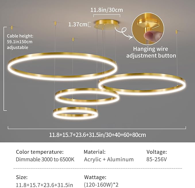 4 Rings Gold Modern LED Chandelier, Circular Dimmable Pendant Light with Remote Control, Adjustable Hanging Ceiling Lighting Over Table for Living Room, Dining Room, Foyer, Kitchen Island