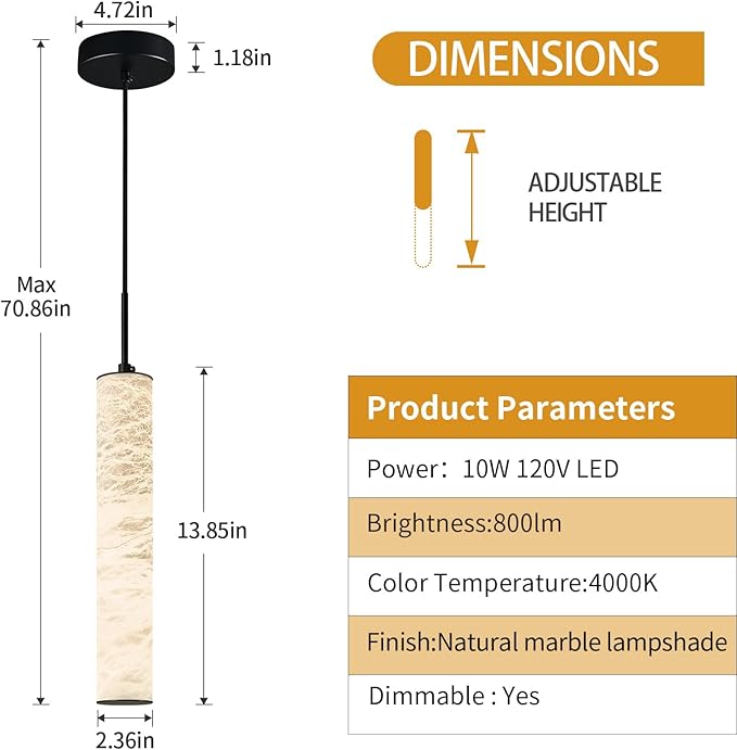 LMQNINE Natural Alabaster Pendant Lights for Kitchen Island White Marble Long Tube Chandelier Modern Black Ceiling Light Fixtures for Bedroom Dining Room Table Living Room Hallway(M-1Pack)