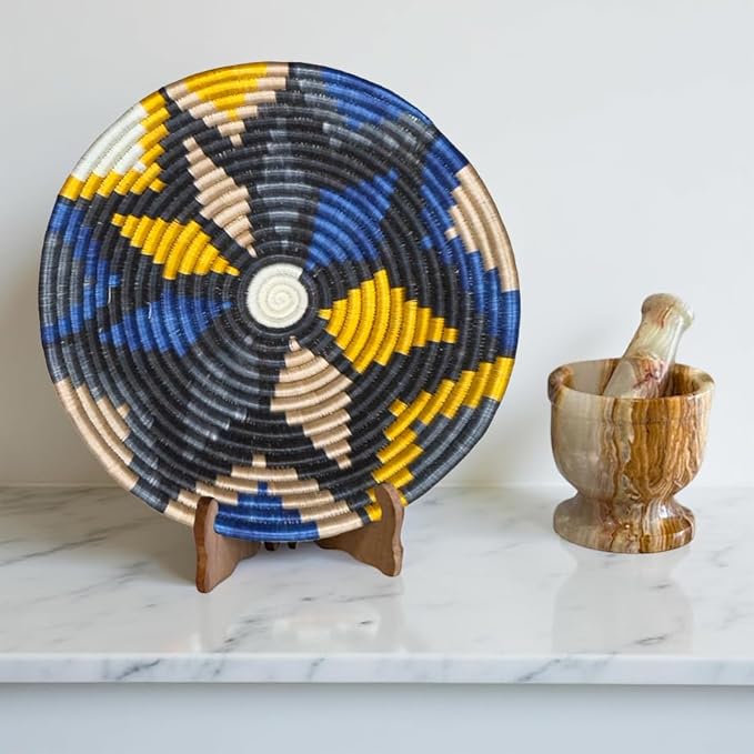 Handwoven African Basket Handmade sisal Fruit Bowl Wall Hanging decorative Baskets for Home Living Room Kitchen Centerpiece Zen Designs Arts and Crafts (Yellow Charcoal Grey Blue, 10in diameter)