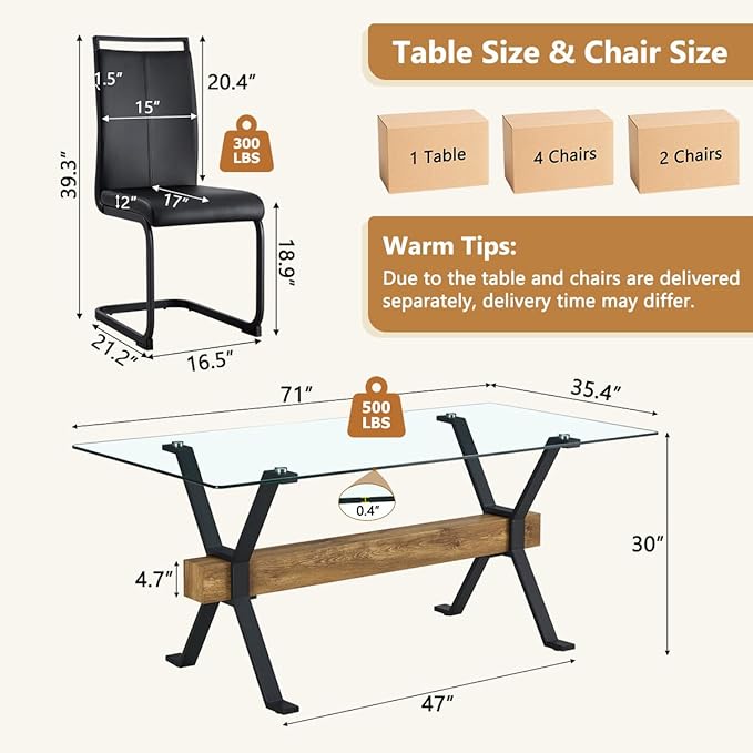 7 Piece Glass Dining Table Set, Kitchen Table Chairs Set for 6, 71'' Dining Table with 0.4" Tempered Glass Tabletop with Plated Metal Legs and MDF Crossbar, 6 PU Chairs for Dining Room, Kitchen.