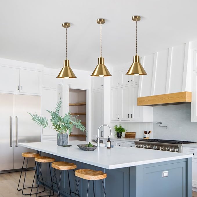 KCO Lighting Gold Cone Pendant Light Mini Barn Pendant Light Fixtures Modern Brass Pendant Lights Kitchen Island Set of 2 Vintage Industrial Ceiling Hanging Light for Dining Room Living Room 2 Pack