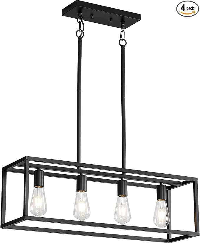 Black 4-Light Industrial Vintage Chandelier, Modern Linear Rectangular Cage Hanging Light Fixture for Farmhouse Kitchen, Dining Room, Bar, Living Room