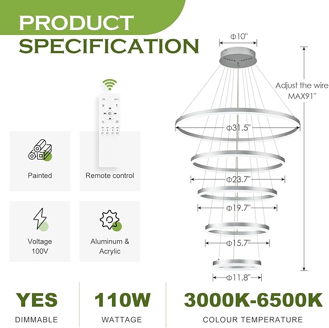 5 Rings D31.5 Modern LED Chandelier Silver Large Dimmable Circular High Ceiling Chandeliers with Remote Control for Foyer Dining Room Living Room Staircase Villa, 3000K-6500K CCT