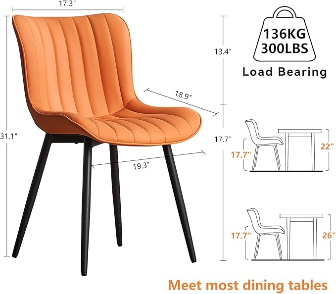 YOUNUOKE Dining Chairs Set of 2 Camel Mid Century Modern Kitchen Chairs Armless Faux Leather Upholstered Dinner Side Chair with Back for Guest Reception Living Room, Matte Orange