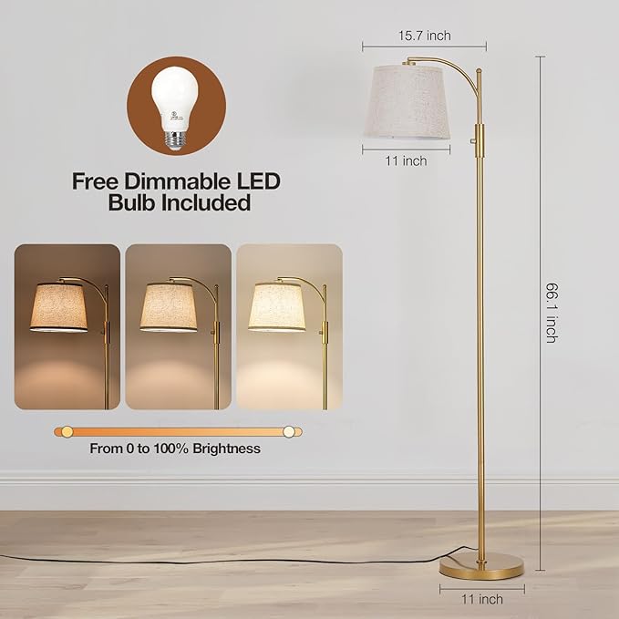 AIDENOEY Fully Dimmable Floor Lamp for Living Room，Standing Lamp Rotary Switch with Linen Beige Shade，Golden Tall Lamps for Bedroom with Adjust Head，9W LED Bulb Included