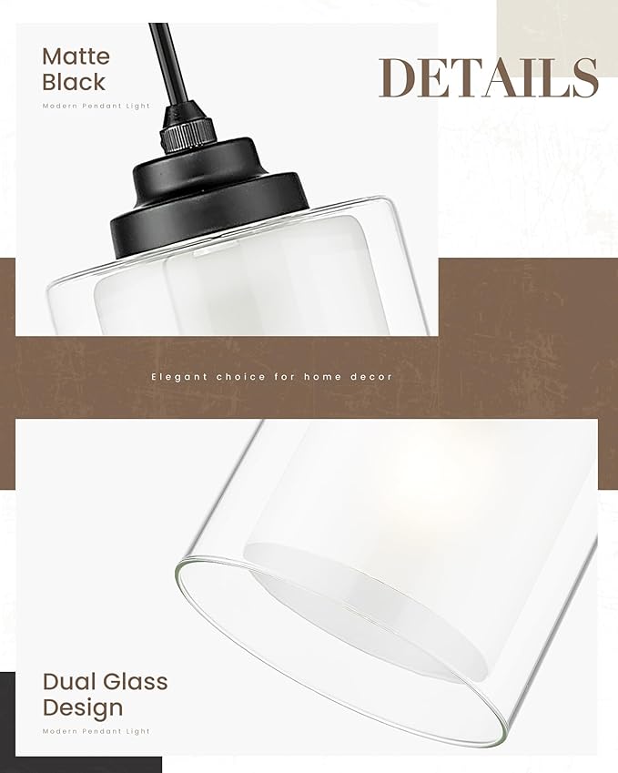 TENGXIN Modern Pendant Light, Matte Black, Dual Glass Shade, Farmhouse Style for Kitchen Island, Dining Room, Bedroom