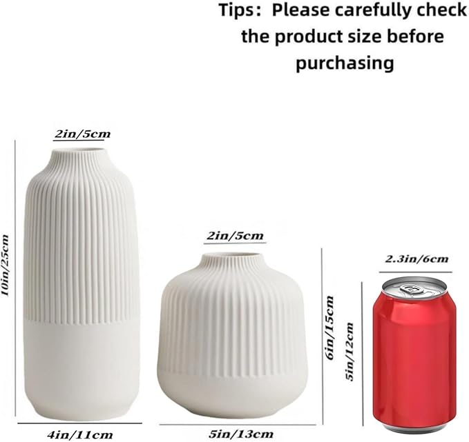 White Ceramic Vase Set of 2, Flower Vases Home Decor, Boho Vase for Pampas Grass, White Vases for Centerpieces Table Entryway Shelf