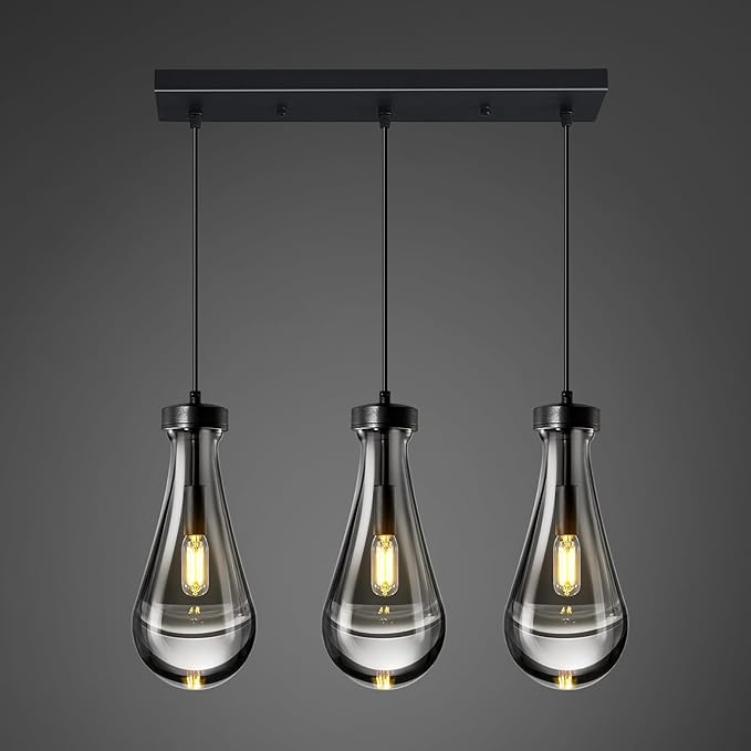 Raindrop Pendant Lights Kitchen Island Teardrop Black Hanging Light Fixtures Clear Solid Glass Pendant Light Modern Chandeliers for Dining Room Porch Corridor Living Room(Long Plate-3 Lights)