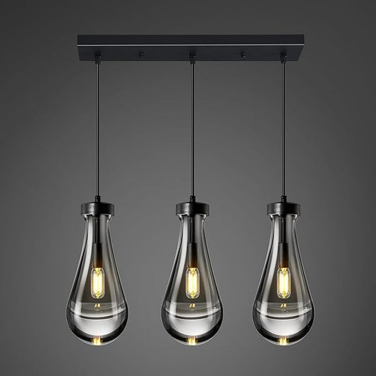 Raindrop Pendant Lights Kitchen Island Teardrop Black Hanging Light Fixtures Clear Solid Glass Pendant Light Modern Chandeliers for Dining Room Porch Corridor Living Room(Long Plate-3 Lights)