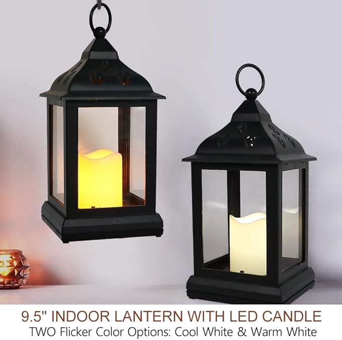 Bright Zeal 2-Pack 9.5" Vintage Decorative Candle Lantern with LED Flickering Flameless Candle (Black, 6-Key Remote) - Indoor Hanging Lanterns Decorative Lanterns Battery Powered LED Candle & Remote