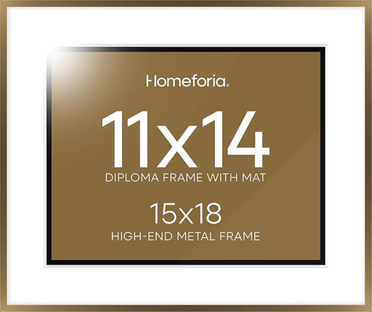 Homeforia 15x18 Diploma Frame Bronze, High End Metal 15 x 18 Certificate Frames with Mat for 11 by 14, 18x15 Document Frame Matted to 11x14, Award Graduation Frames, Tempered Glass, Wall Kit, Set of 1